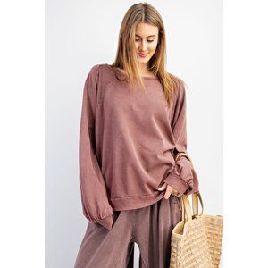 Faded Plum Slouchy Terry Knit Long Sleeve Pullover